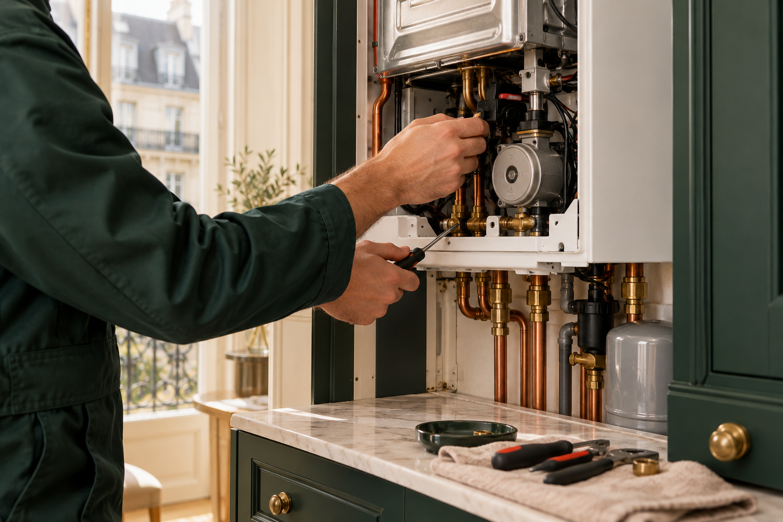 Illustration d’un technicien réalisant l’entretien d’une chaudière dans un intérieur parisien