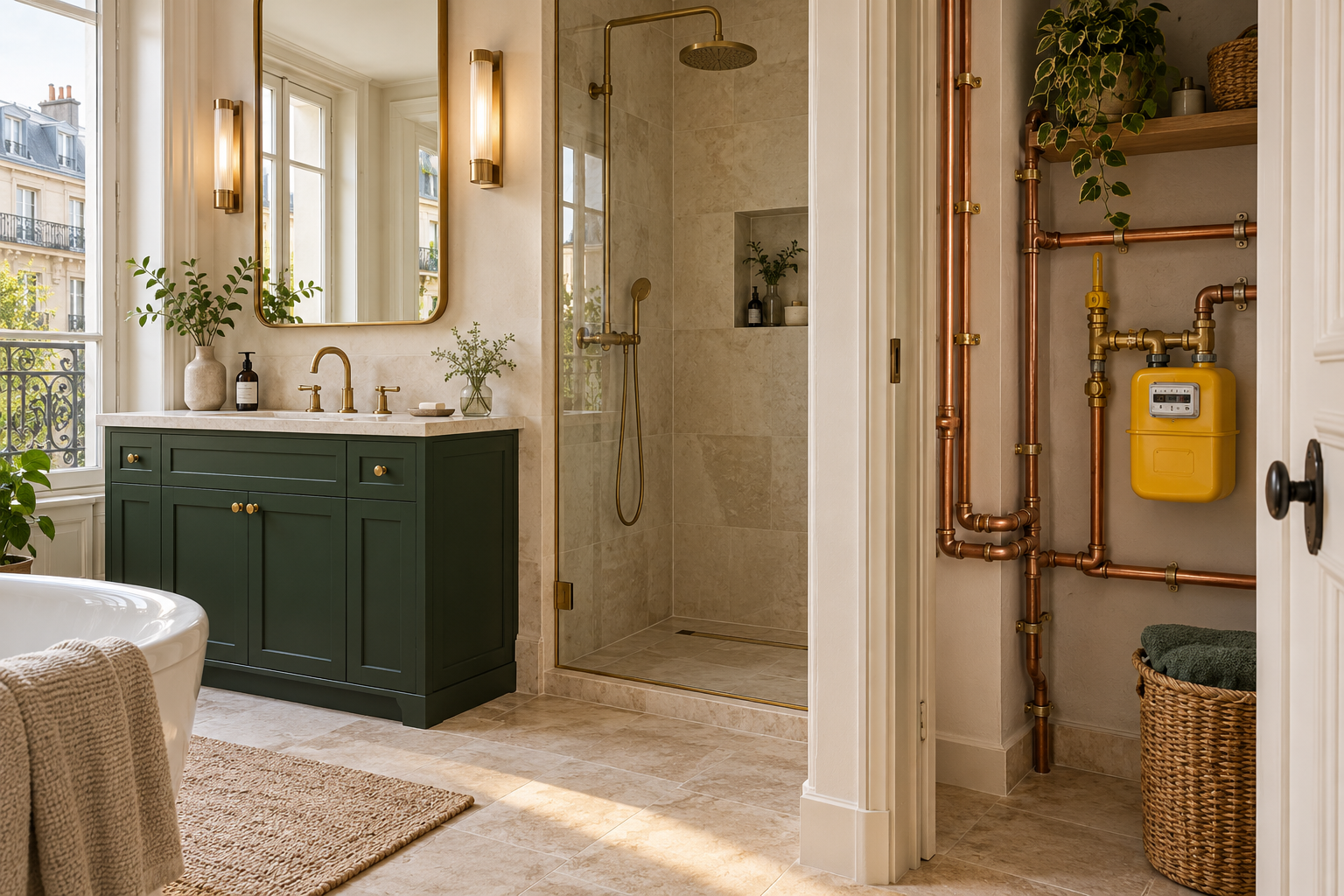 Illustration d’une salle de bains parisienne et de réseaux cuivre avec compteur gaz jaune